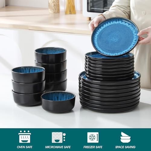 vancasso PLAYA Plates and Bowls Sets, 24 Pieces Blue Dinnerware Sets for Kitchen, Reactive Glaze Dishes Set for 8, Dishwasher and Microwave Safe - Image 4