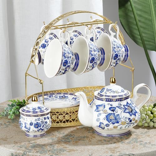 fanquare Porcelain Tea Sets,Blue British Coffee Cups& Saucer Service for 6, with Teapot,Sugar Bowl,Creamer Pitcher and Golden Metal Rack - Image 5
