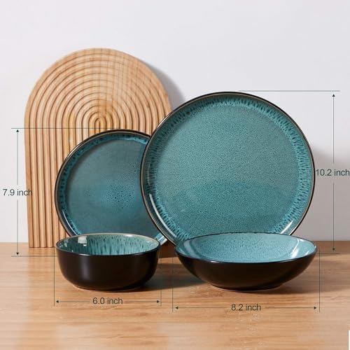 LIANYU Stoneware Dinnerware Sets with Pasta Bowls for 4, Pastel Turquoise - Image 3