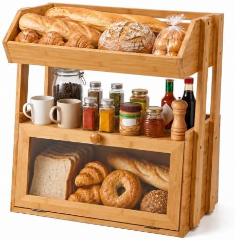 3-Tier Bamboo Bread Box for Kitchen Countertop with Fruit Basket by YanKiTour