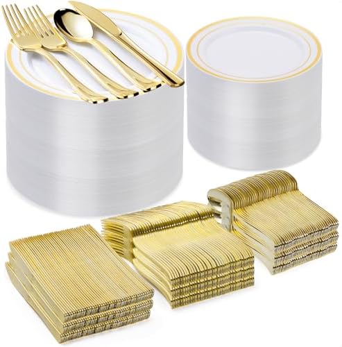 BESTVIP 600 Pcs Gold Plastic Dinnerware Set for 100 Guests by Bestvip