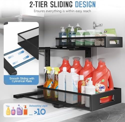 2-Pack Under Sink Storage Organizer, Large 2-Tier Elegant Mesh Pull Out Shelf for Kitchen and Bathroom Cabinet Organization, L-Shaped and Adjustable Height Design,Patent Pending-Black - Image 4
