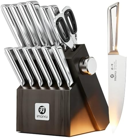 imarku Japanese High Carbon Stainless Steel Knife Set with Block, Precision-Forged Gyutou Kitchen Knives with Built-in Sharpener, Ultra-Sharp 10–15° Edge, Ergonomic Non-Slip Handle, Dishwasher Safe by imarku