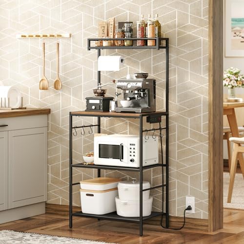 MAHANCRIS Bakers Rack with Storage, Microwave Stand with Paper Holder, Bakers Rack with Power Outlet, Coffee Bar Station with 6 Hooks, for Kitchen, Dining Room, Rustic Brown and Black BRHR36E01 by MAHANCRIS