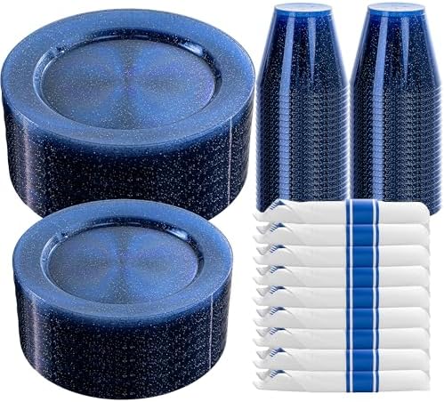 DaYammi 350PCS Cobalt Blue Glitter Plastic Dinnerware Set for 50 Guests by DaYammiwillaccompanyyou