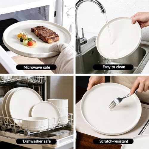 Stoneware Dinnerware Sets for 4, 12Pcs Plates and Bowls Set, Cream White - Image 4