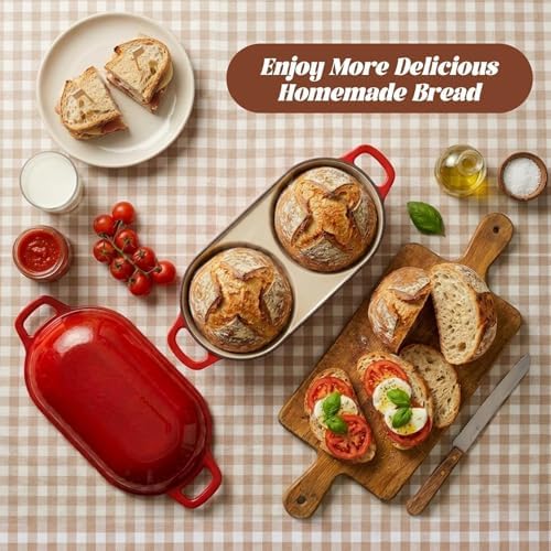 Double Mini Dutch Oven for Sourdough Bread Baking, Enameled Cast Iron Bread Oven with Lid, Bake 2 Artisan Loaves at Once, Includes 2 Banneton Proofing Baskets & Bread Lame, Oven Safe Bread Baking Pot - Image 4