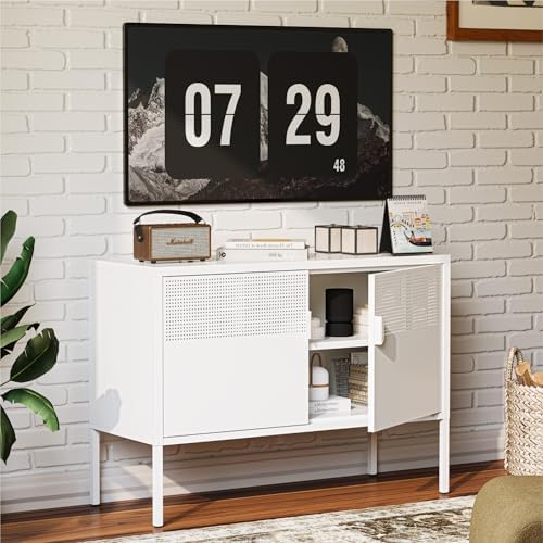 COFaR TV Stand for TVs up to 75 Inch, 40''L Media Console with Ventilation Doors, Metal Entertainment Center with Adjustable Shelves & 120Lbs Storage for Living Room & Bedroom, White by COFAR