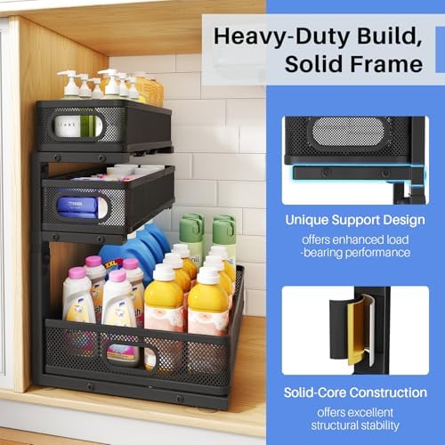 Under Sink Organizer, 3-Tier Thickened Metal Pull out Cabinet Organizer Shelf, Height Adjustable Slide out Storage Drawer Rack for Kitchen Bathroom Pantry Laundry Home Organization, 2-Pack, Black - Image 5