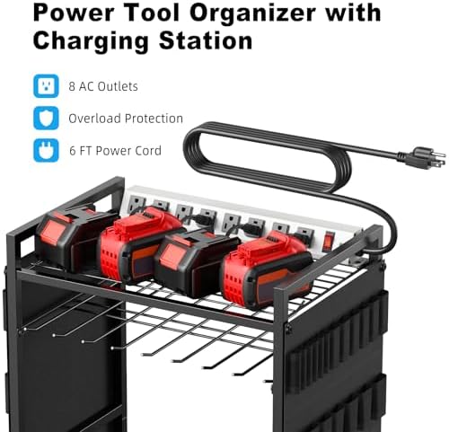 JUNNUJ Power Tool Organizer Cart with Charging Station, 6 FT Cord, Black - Image 2