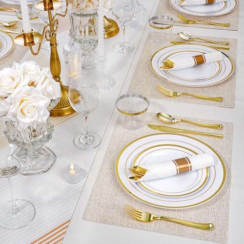 realluck 350 PCS White and Gold Plastic Dinnerware Set for 50 Guests, 100 Disposable Plates for Party, 50 Pre Rolled Napkins with Gold Silverware, 50 Cups - Image 5
