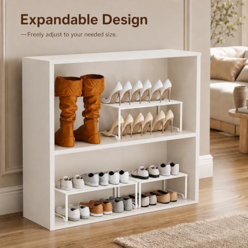 Extendable Metal Wire Shelf Organizer - Adjustable 15-24.4in Length, Stackable Storage Rack for Kitchen/Pantry/Bathroom/Shoe Cabinet/Tool Closet (1, White) - Image 5