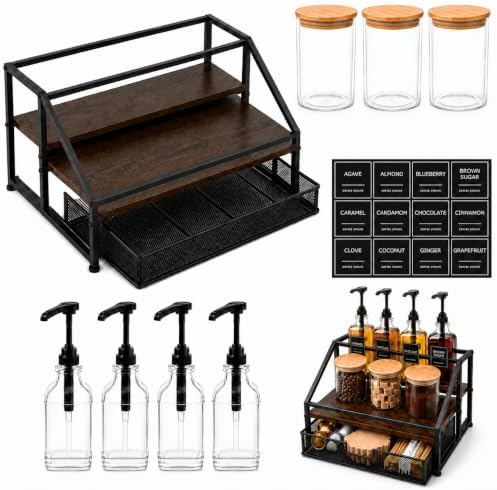Coffee Bar Syrup Dispenser Set, 4 Pack 16.9oz/500ml Glass Syrup Dispensers with 1/4 oz Pumps & Stand, 2-Tier Coffee Bar Organizer Rack with 3 Storage Jars, 36 Labels, Brushes & Funnel by Unknown