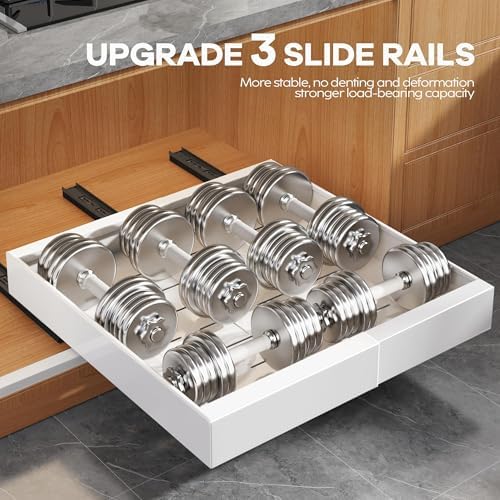 Seinloes 6 Pack Expandable Pull Out Cabinet Organizer 21"Deep With Raising Pad for Framed Cabinets,Slide Out Drawers With 4pcs Divider Racks,No Drill Roll Out Shelf,Adjustable Width 12.05"-20.4"White - Image 5