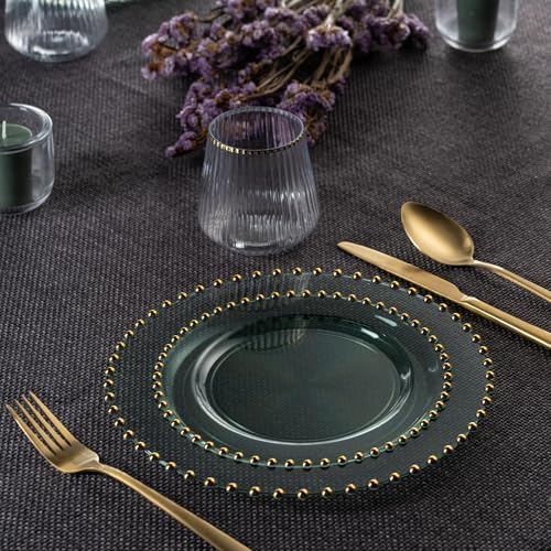 PLASTICPRO 128 Piece Combo Plastic Dinner Plates Disposable Plastic Fancy Heavy Duty Party Dishes 7 inch and 10 inch, Translucent Green and Gold Beaded - Image 2
