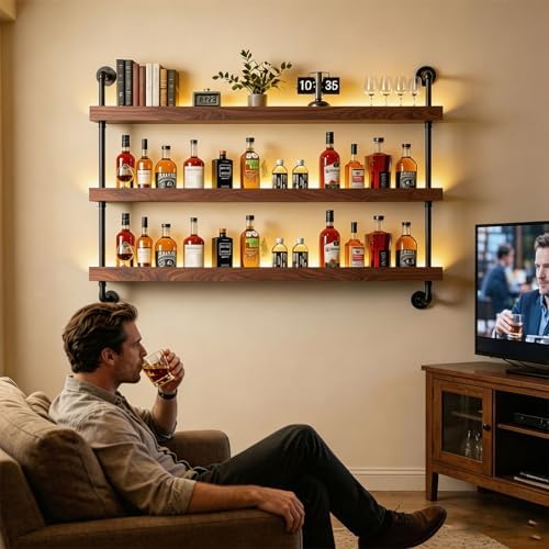 61IN Wall Mounted Wine Rack 3-Tier Industrial Pipe with LED Light - Image 6