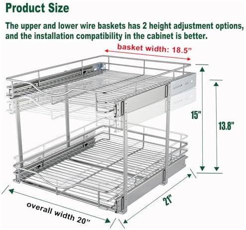 DINDON 2 Tier Pull Out Cabinet Organizer (20" W X 21" D), Double Tier Wire Basket Slide Out Shelf Storage for Kitchen Base Cabinet Organization ​for Kitchen, Pantry, Bathroom, Chrome - Image 3