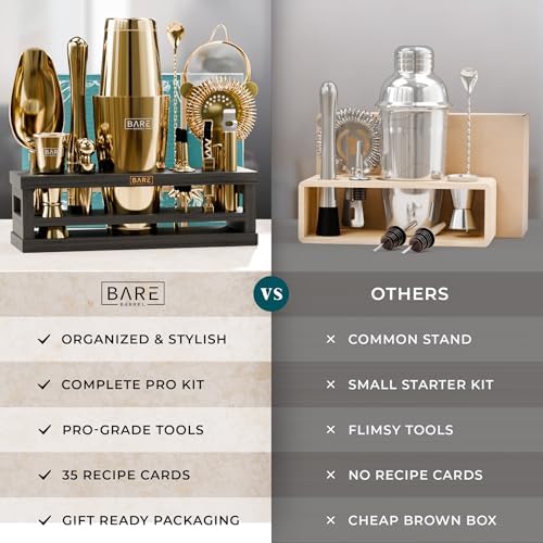BARE BARREL® Mixology Bartender Kit Bar Set | 16-Piece Cocktail Shaker Set | Martini Barware Mixing Tools for Home Bartending | Incl. 35 Recipe Cards | Gift Set (28oz Boston Shaker, Gold/Black) - Image 6