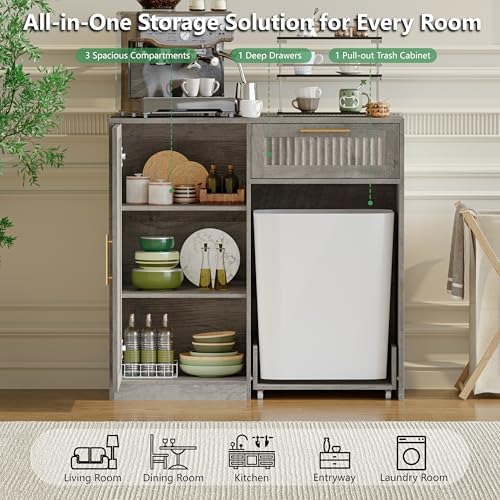 Single 13 Gallon Pull Out Trash Can Cabinet with Storage Cabinet,Wood Grey - Image 3