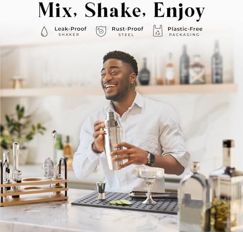BARE BARREL® Mixology Bartender Kit Bar Set | 14-Piece Cocktail Shaker Set | Martini Barware Mixing Tools for Home Bartending | 35 Recipe Cards | Gift Set (24oz Cobbler Shaker, Silver/Natural) - Image 3