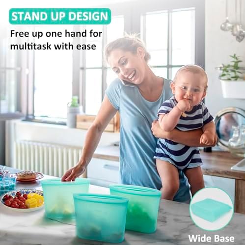 Reusable Freezer Bags Quart Size, 4 Pack, 100% Silicone Stand Up Ziplock Reusable Silicone Food Storage Bags Sandwich Bags Containers, Freezer Microwave Oven Dishwasher Safe, Aqua, 33.8fl.oz - Image 4