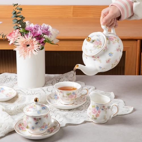 Sweejar Porcelain Tea Set Vintage Floral, British Relief Gold Rim Teapot Cup and Saucer Sets, 22-Piece Tea Sets for Adults, with Teapot, Sugar Bowl, Milk Jug, Spoons, Cup and Saucer (Small Flower) - Image 4