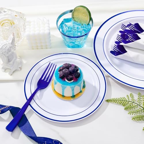 WELLIFE 350 Pcs Blue Plastic Plates for 50 Guests - Plastic Dinnerware Set,Party Supplies Includes 100 blue plates,150 Silverware,50 Napkins,50 Cups,Blue and White Plates - Image 3