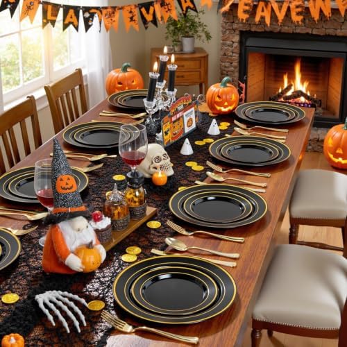 WDF Partyware 175PCS Black and Gold Plates - Halloween Disposable Plates for Party - 25Guests Disposable Dinnerware Set for Wedding/Party/Birthday/Halloween - Image 5