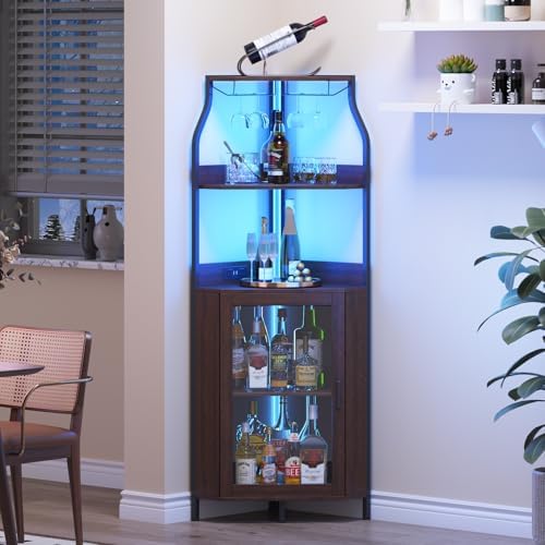 Garvee Corner Wine Bar Cabinet,5-Tier Farmhouse Corner Liquor Storage Cabinet with Barn Door,Glass Rack,Adjustable Shelves,Home Bar Storage for Dining Room,Kitchen,Living Room Rustic Brown by Garvee