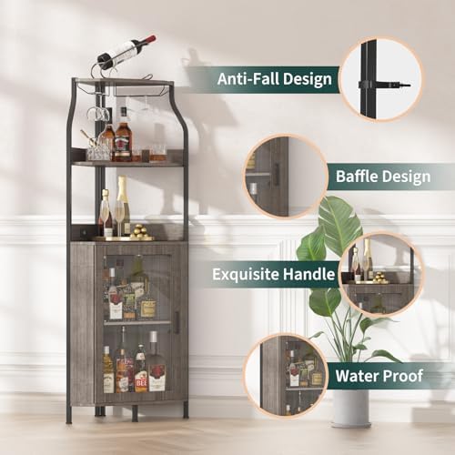Garvee Corner Wine Bar Cabinet,5-Tier Farmhouse Corner Liquor Storage Cabinet with Barn Door,Glass Rack,Adjustable Shelves,Home Bar Storage for Dining Room,Kitchen,Living Room Grey - Image 3