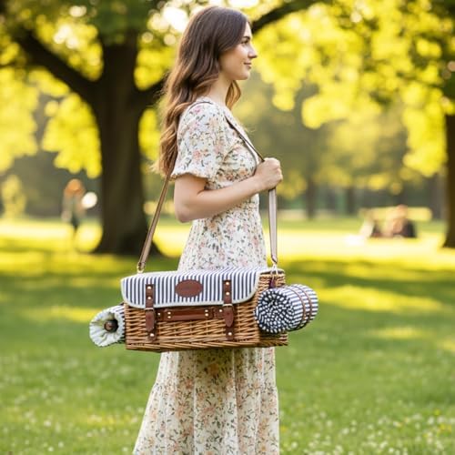 Multifunctional Wicker Picnic Basket Set for 4 with Blanket and Picnic Table, Insulated Picnic Set with Full Tablewares for Camping Outdoor Couples, Stripes - Image 2