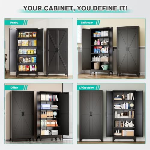 SISESOL 71" Tall Pantry Cabinet,Farmhouse Kitchen Pantry Storage Cabinets with 2 Doors and 5 Shelves,Black Metal Storage Cabinet,Large Cupboard for Home,Kitchen,Dining/Living Room - Image 5