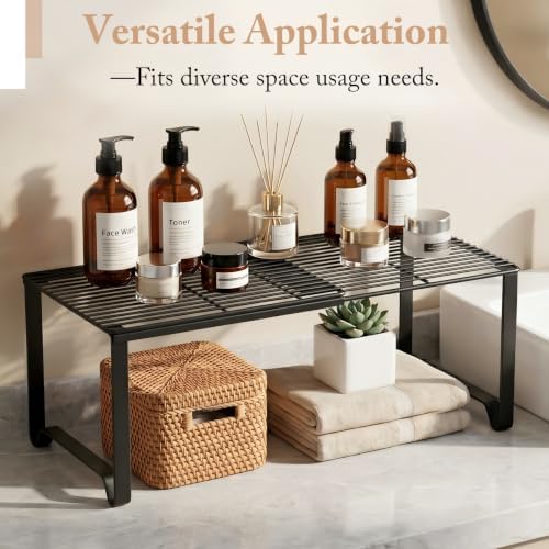 Extendable Metal Wire Shelf Organizer - Adjustable 15-24.4in Length, Stackable Storage Rack for Kitchen/Pantry/Bathroom/Shoe Cabinet/Tool Closet (1,Black) - Image 3