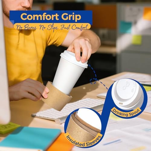 Fit Meal Prep 100 Pack 12 oz Disposable Coffee Cups with Lids, Sleeves, Leak-Proof To Go Coffee Cups with Lids, Durable Hot Paper Cups for Hot Cocoa and Coffee Bar Supplies - Image 4