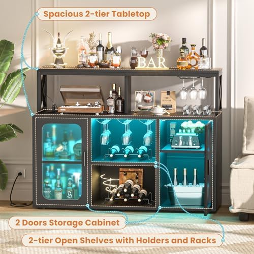 Aheaplus Bar Cabinet with Power Outlets, Liquor Cabinet with Led Lights and Glass Holder, Storage Buffet Cabinet Coffee Bar Cabinet for Liquor, Wine Cabinet with Racks -G2, Black - Image 6