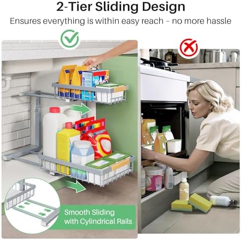 Kitstorack Under Sink Organizer, 2 Tier Under the Sink Storage, Slide out Pull out Cabinet Organizer Shelf, Metal Sliding Drawer for Kitchen Bathroom Pantry Closet Organization Rack, Grey, 2 Pack - Image 6