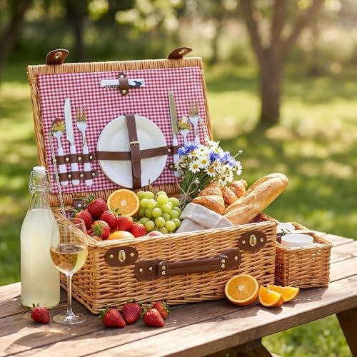 Multifunctional Wicker Picnic Basket Set for 2 Adults with Blankets & Cup - Image 4