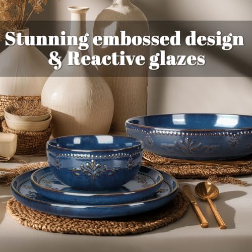 Artena 4-Piece Handcrafted Ceramic Dinnerware Set with Pasta Bowls, Service for 1 – Reactive Glaze Embossed Plates, Bowls & Mugs, Dishwasher & Microwave Safe, Blue, Damask Floral - Image 3