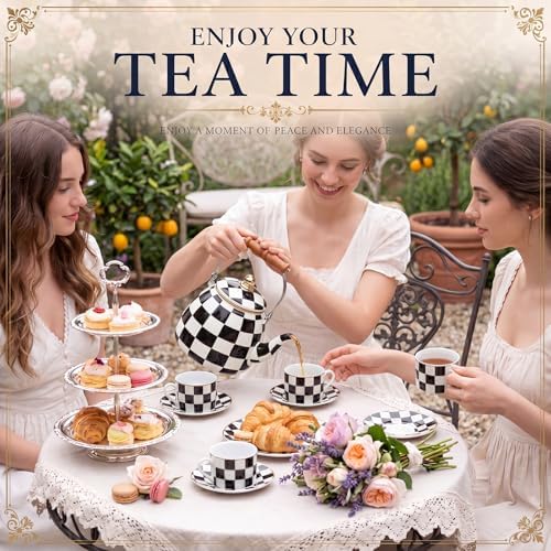 9 Pcs Checkered Teapot Set with Wooden Handle, Black and White Vintage - Image 2
