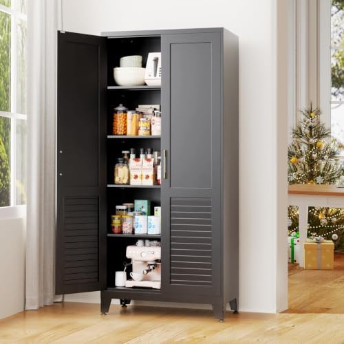 70.9" H Kitchen Pantry Cabinet, Freestanding Storage Cabinet with Louvered Doors, Adjustable Shelves Tall Kitchen Cabinet for Kitchen Dining Room Laundry Room, 70.9" H x31.5 W x15.7 D, Black by AXASIIO