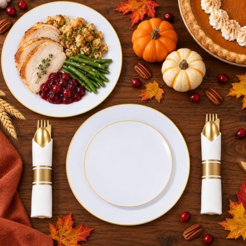 KIRE 175PCS Gold Plates Disposable - Heavy Duty White and Gold Plastic Plates Dinnerware Sets - 25 for Dinner 25 for Dessert 25 Pre Rolled Napkins and 25 Cups for Wedding/Party/Halloween/Thanksgiving - Image 5