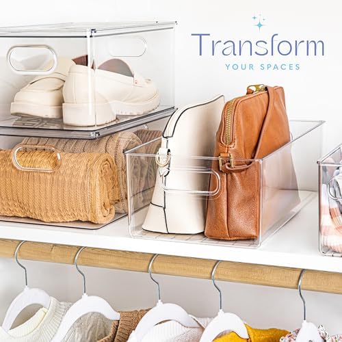 Plastic Food Storage 6 Pack Clear Container Bin with Handles for Organizing Kitchen, Pantry, Refrigerator, Freezer, Pantry, Cabinet, Closet, Bathroom. 16”x8”x5” - Image 2