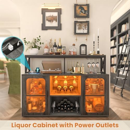 Aheaplus Bar Cabinet with Power Outlets, Liquor Cabinet with Led Lights and Glass Holder, Storage Buffet Cabinet Coffee Bar Cabinet for Liquor, Wine Cabinet with Racks for Home, Kitchen, Grey Oak - Image 3