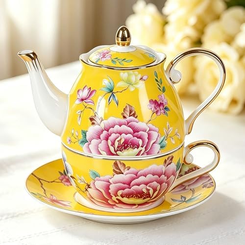 KAMMAK Tea for One Set, Ceramic Teapot, Bone China Tea Set, Cup and Saucer - Image 3