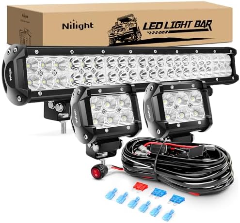 Nilight 20Inch 126W Spot Flood Combo Led Light Bar 2PCS 4Inch 18W Flood LED Pods Fog Lights Off Road with 16AWG Wiring Harness Kit-3 Leads for Van Camper Car Pickup Golf Cart ATV UTV SUV Truck Boat by Nilight