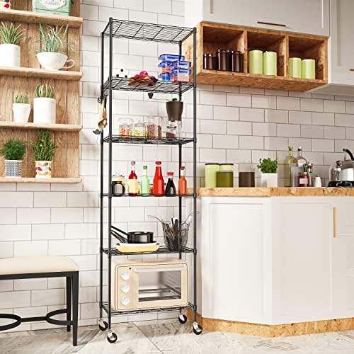 Homdox 6-Tier Storage Shelf Wire Shelving Unit Free Standing Rack Organization with Caster Wheels, Stainless Side Hooks, Black - Image 2