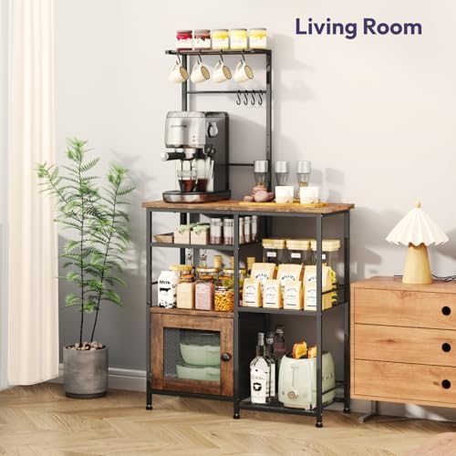 SWTYMIKI Bakers Rack with Storage - Coffee Bar Cabinet Organizer with 8 Hooks, Shelves & Cabinet Door, Coffee Station for Kitchen Dining Room, Microwave Stand with Adjustable Feet, Espresso - Image 4