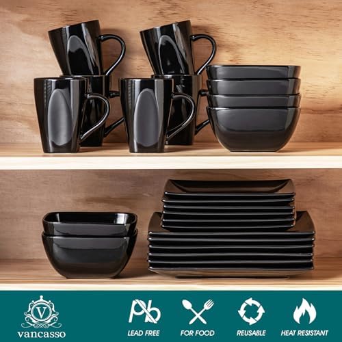 vancasso Soho Dinnerware Sets 24 Pieces, Black Stoneware Square Place Setting, Dinner Plate, Cups and Plates Sets for Kitchen, Dish Set for 6 - Image 3