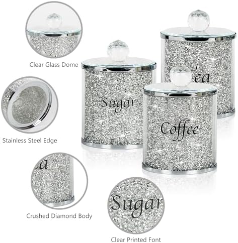Topsky Coffee Sugar Tea Crystal Canister Set of 4,Sparkly Crystal Crushed Diamonds Home Decor,Silver Kitchen Coffee Jar Storage Set with Label & Lid,Storage Container Set for Countertop,Dining Room - Image 4