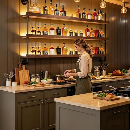35In Wall Mounted Wine Rack 3-Tier Industrial Pipe with LED Light - Image 5